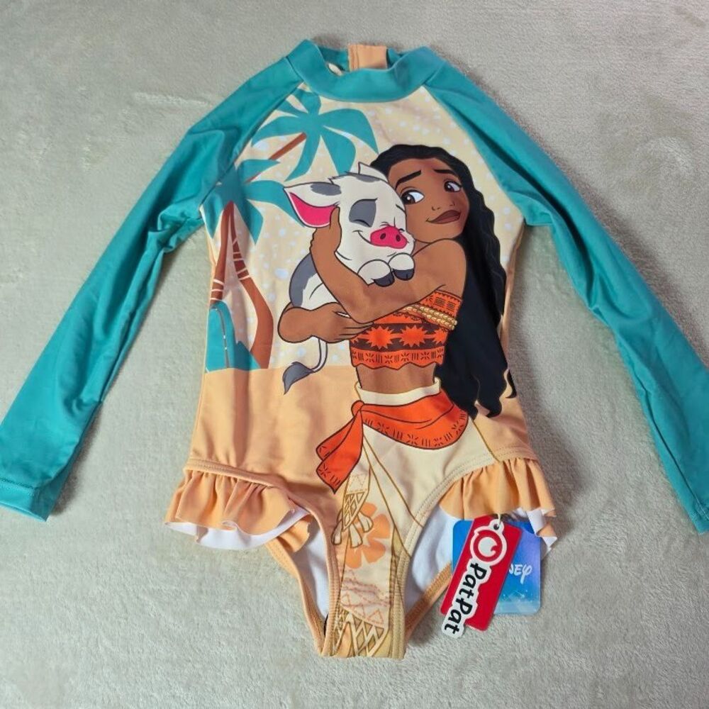 PatPat Rash Guard Swimsuit 4/5 Yrs Moana Pua Ruffle Bottom Back Zip Long Sleeves